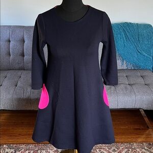 Lisa Perry 100% wool Dress with Vibrant Pink Pockets. Size 4